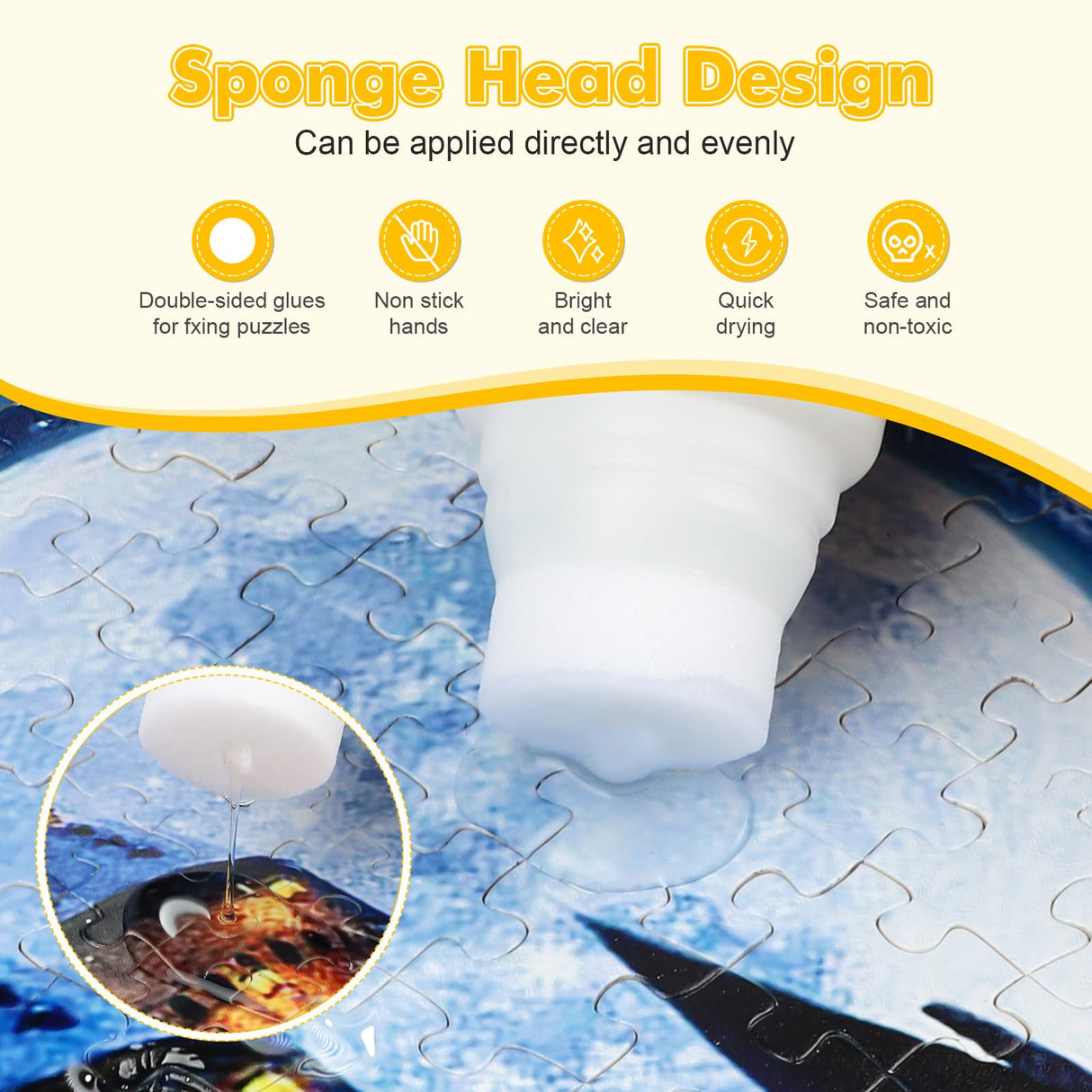GHHKUD Jigsaw Puzzle Glue, 240ML Jigsaw Glue with Sponge Head, Non-Toxic and Quick Dry Puzzle Sealer for 4000/5000/6000 Pieces of Puzzle Jigsaw Accessories Glue Scrapper Included & Double-Sided Tape GHHKUD