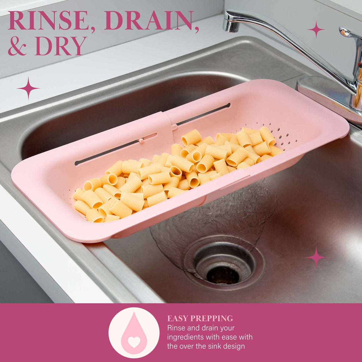 Paris Hilton Over the Sink Expandable Colander, Extendable Strainer, Adjustable from 14.5 inches to 19.5 inches, Fits most kitchen sinks, Made without BPA, Pink Paris Hilton