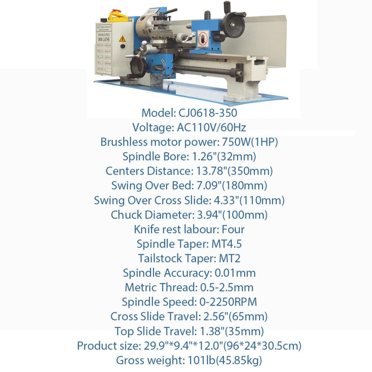 BEILOCKERY Mini Metal Lathe CJ0618 Metric Thread 750W Benchtop Precision Metal Wood Horizontal Lathe 0-2500rpm Variable Speed 7"*14" 110V for Teaching and Production BEILOCKERY