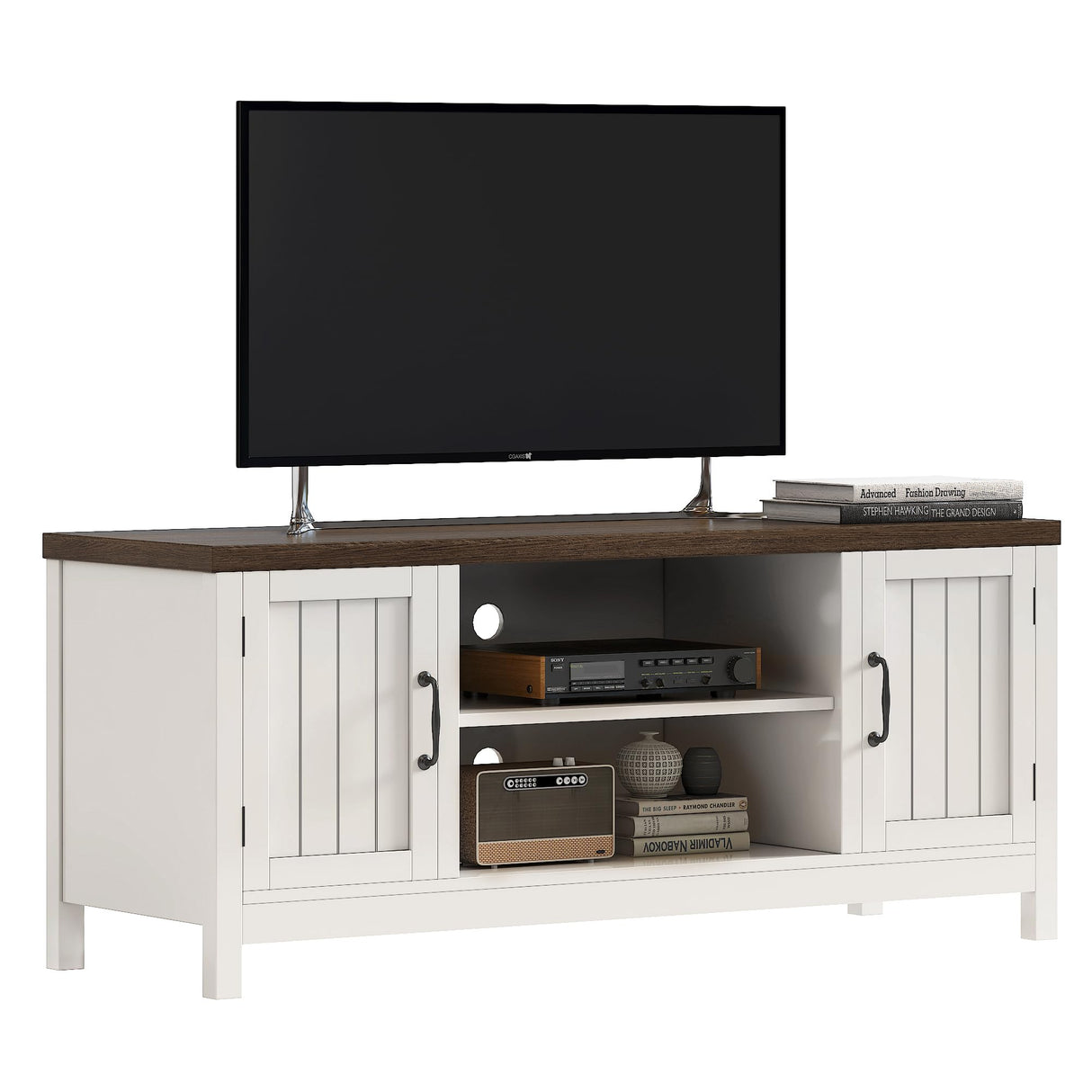ChooChoo Farmhouse TV Stand, Wood Grooved Door Entertainment Center with Storage Cabinets and Open Shelves, Rustic Media Console up to 55 inches for Living Room, Bedroom, White ChooChoo