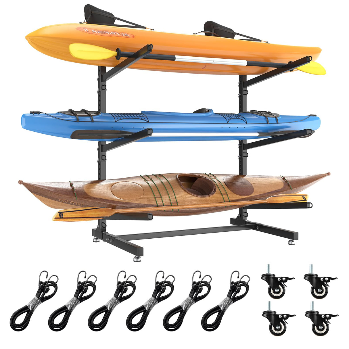 LotFun Kayak Storage Rack, Freestanding Heavy Duty Adjustable Kayak Stand Indoor Outdoor Storage Rack Garage, with Wheels and Foot Pad, for Kayaks, SUPs, Canoes, Surfboard(3 Levels) LotFun
