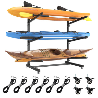LotFun Kayak Storage Rack, Freestanding Heavy Duty Adjustable Kayak Stand Indoor Outdoor Storage Rack Garage, with Wheels and Foot Pad, for Kayaks, SUPs, Canoes, Surfboard(3 Levels)