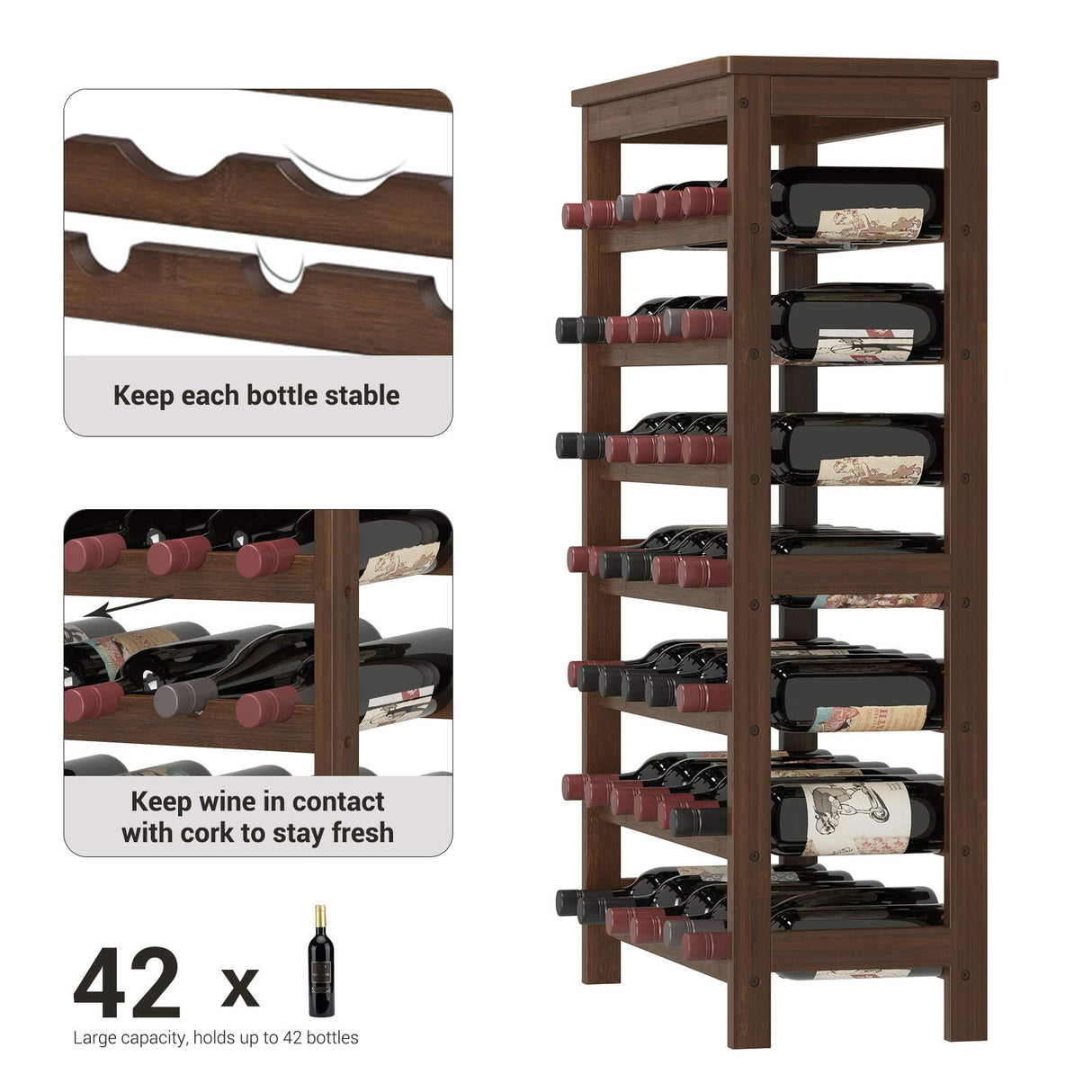 SONGMICS 42-Bottle Wine Rack Free Standing Floor, 7-Tier Display Wine Storage Shelves with Table Top, Bamboo Wobble-Free Bottle Holder for Kitchen Bar Dining Room Living Room, Walnut Color UKWR27WL SONGMICS