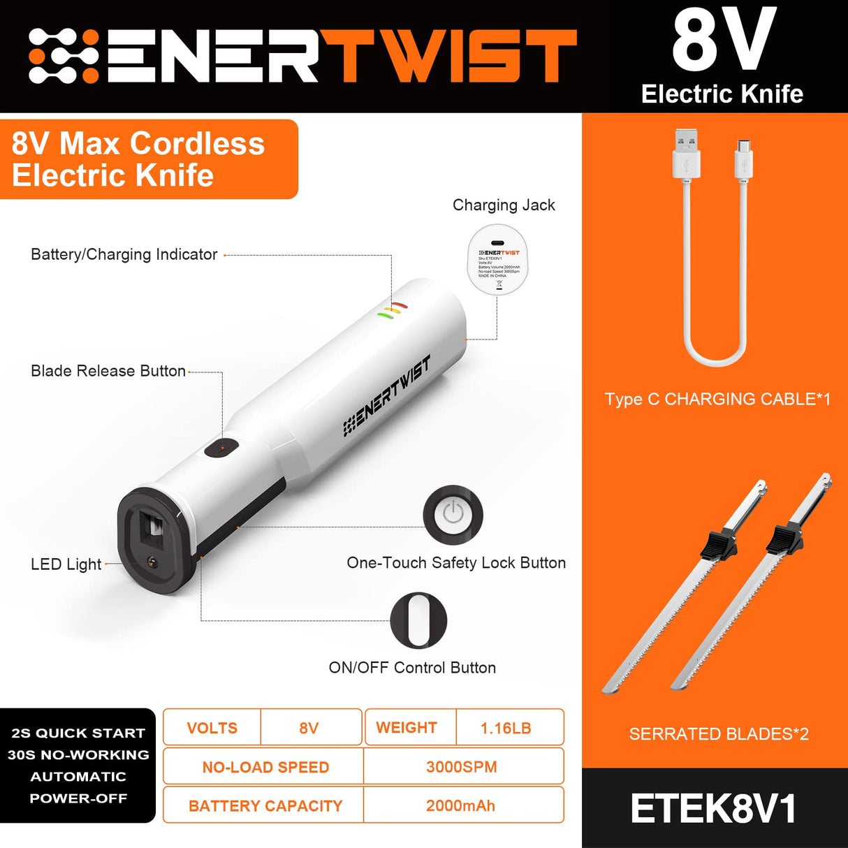 ENERTWIST Cordless Rechargeable Electric Knife 1S Quick Start One-Hand Operation with 4 Stainless Steel Blades and Safety Lock Button, Carving Bread, Meats, Turkey, Crafting Foam ENERTWIST