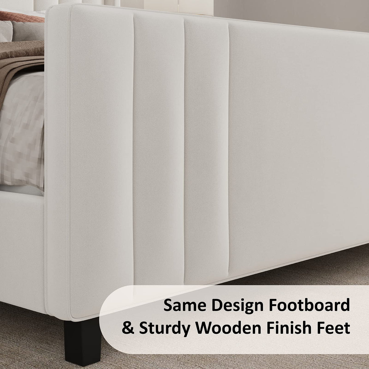 Albott King Size Platform Bed Frame, Upholstered Bed with Vertical Channel Tufted Wingback Headboard & Footboard, Premium Velvet, No Box Spring Needed, Cream Albott