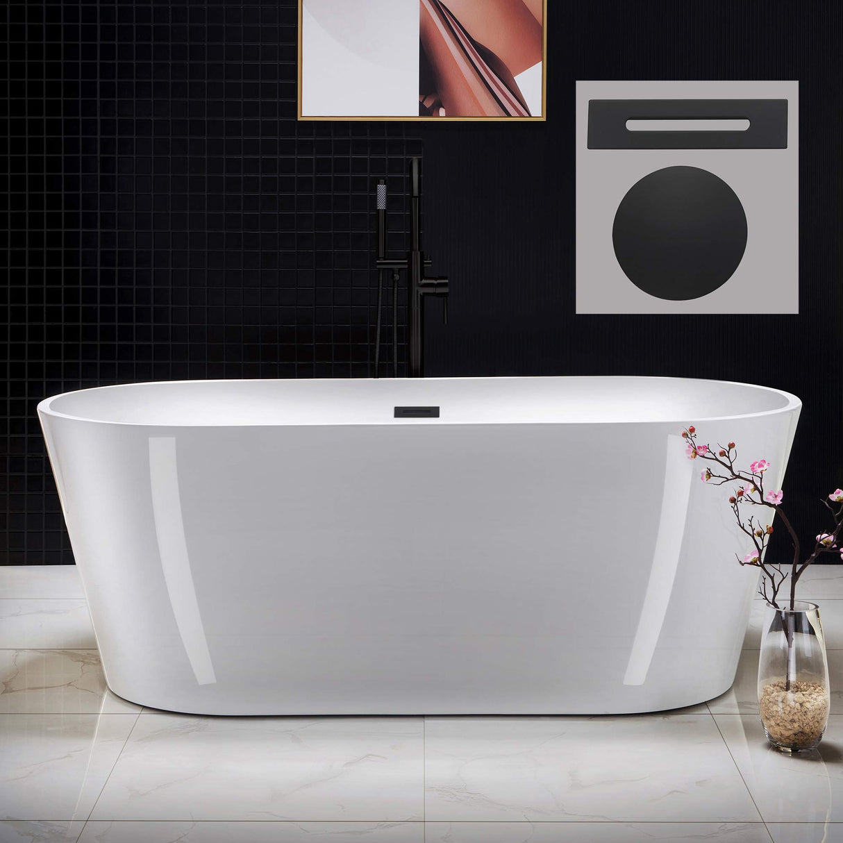 WOODBRIDGE 67" Acrylic Freestanding Bathtub Contemporary Soaking Tub, White Acrylic (Matte Black Drain/Overflow), B0013-MB-Drain &O WOODBRIDGE