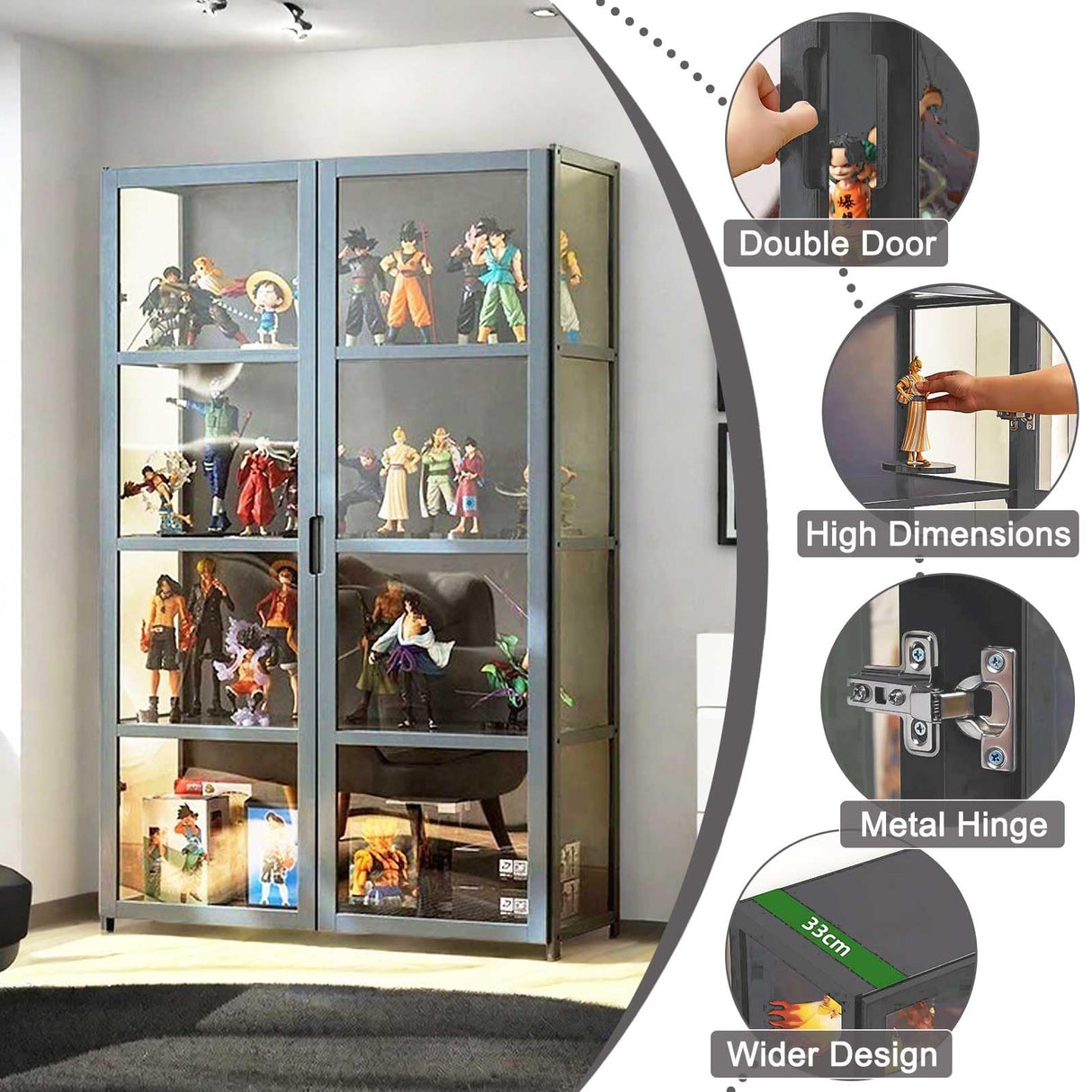 Curio Display Cabinet, 4-Tier Storage Shelves with Acrylic Double Door, Collectibles Toy Organizers Rack & Display Shelf, Bookshelf and Bookcase for Playroom, Bedroom,Wooden,130×82cm/51×32in Generic