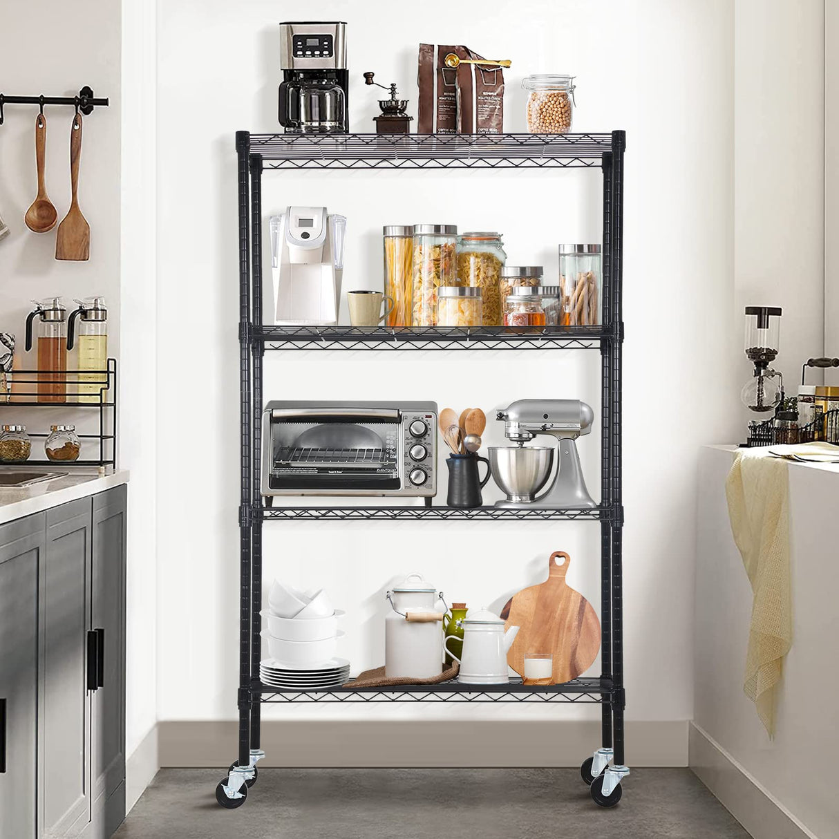 Dkelincs Wire Shelving Unit 36''L×14''W×62''H NSF Metal Storage Shelves 4 Tier Height Adjustable Wire Shelf with 4 Wheels for Kitchen Office Pantry Bathroom Garage, Black Dkelincs