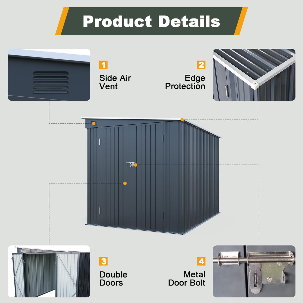 Jaxenor 6x8FT Outdoor Storage Shed with Lockable Double Doors, Metal Lean to Garden Shed with Free PC Light Board for Tools, Small Outside Storage Shed Waterproof for Backyard, Patio, Gift for Dad Jaxenor