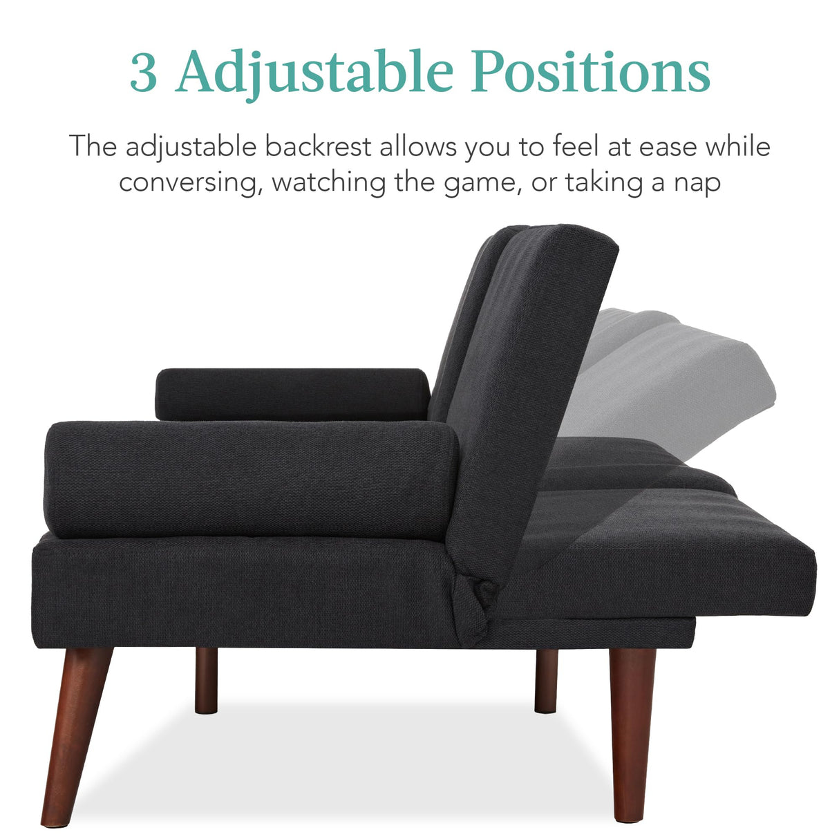 Best Choice Products Mid-Century Modern Upholstered Futon, Convertible Folding Sofa Bed, Small Couch w/Rounded Armrests, 2 Cupholders - Black Best Choice Products