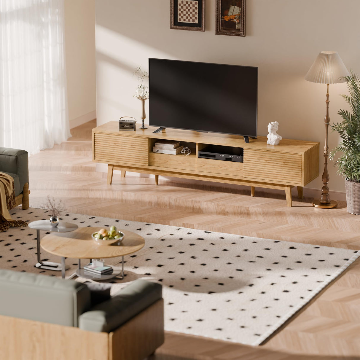 TOLEAD 70" TV Console, Mid Century Modern Media Console for 55/65/75 Inch TV, Low Profile TV Stand with Fluted Sliding Doors, Boho Light Wood Credenza for Living Room, Oak TOLEAD