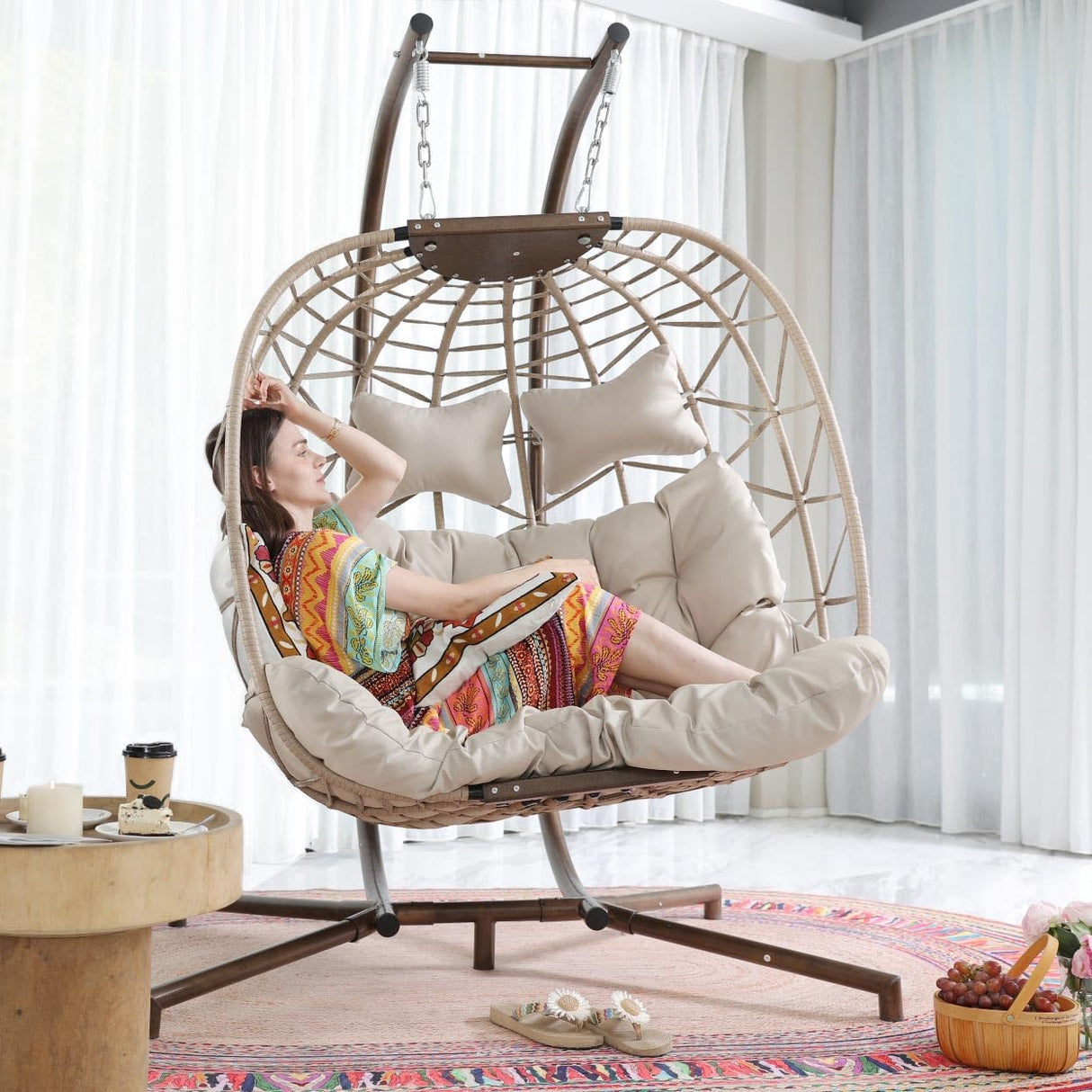 NICESOUL Double Egg Chair Outdoor Indoor, Oversized 2 Person Swing with Stand, All-Weather Large Wicker Hanging Loveseat, 700 LBS Heavy Duty Patio Swinging Seat w/Cushion for Balcony, Beige NICESOUL