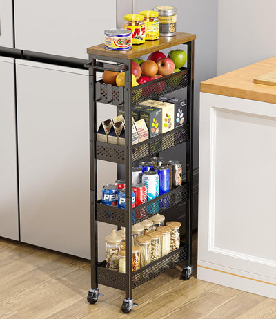 Giwil Slim Storage Cart 5 Tier Narrow Kitchen Rolling Cart on Wheels for Small Space, Metal Utility Cart Narrow Bathroom Storage Cabinet Mobile Shelf Unit Organizer with Wood Top and Handle, Black