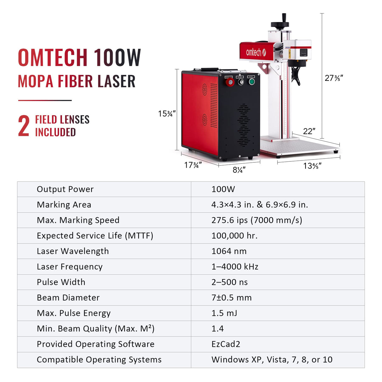 OMTech 100W Fiber Laser Engraver with Rotary Axis, LightBurn Compatible MOPA Laser Marking Machine with 4.3x4.3 and 7x7 Lenses for Metal Color Marking, Solid State Laser Etching Machine for Gold Steel OMTech