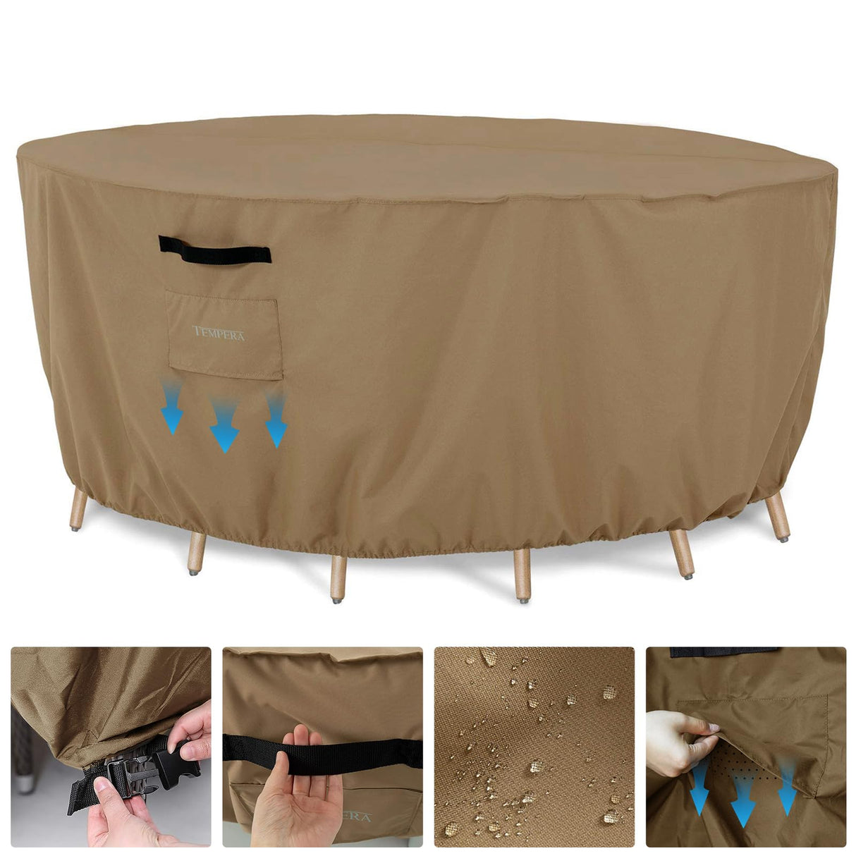 Tempera Outdoor Round Table Cover , Sectional Sofa , Dining Set cover , Anti-Fading , Waterproof Patio Cover for Outdoor Furniture, 96"D x 27.8"H, Taupe Tempera