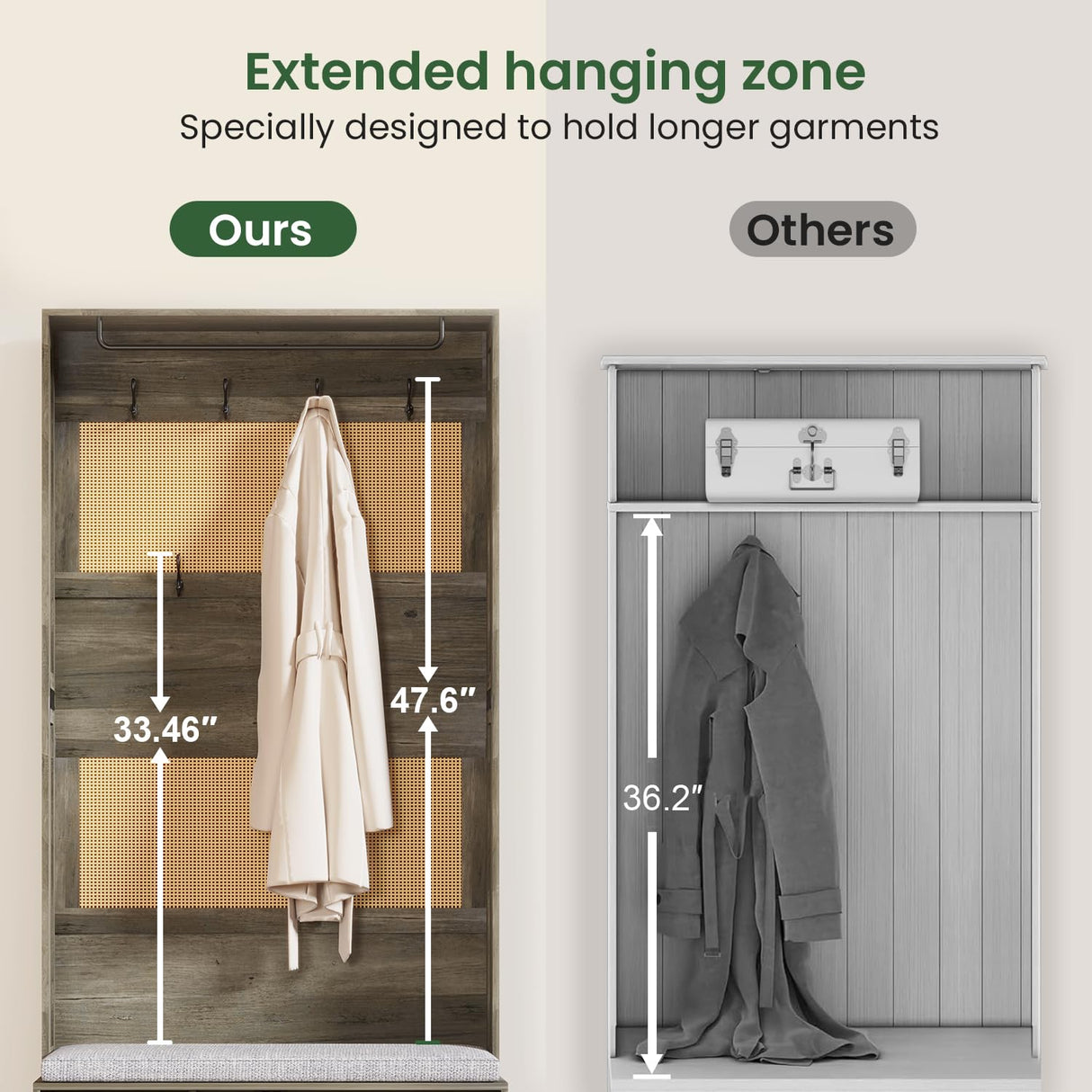 HOVANESTY Hall Tree with Bench and Shoe Storage, 5-in-1 Entryway Bench with Coat Rack, Padded Seat Cushion, 7 Tri-Hooks, Adjustable Shelf, Farmhouse Boho Furniture Organizer for Hallway, Ash Gray HOVANESTY