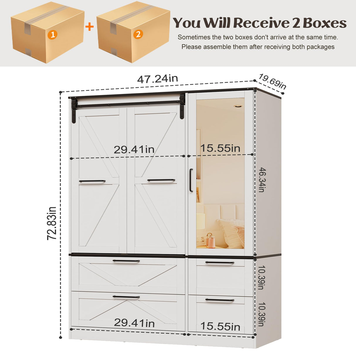 PAKASEPT Armoire Wardrobe Closet with w/Folding Sliding Barn Door, Bedroom Armoires with Mirror and Sensor Lights, Hanging Rod, Wardrobe Closet for Bedroom (19.69" D x 47.24" W x 72.83" H) PAKASEPT