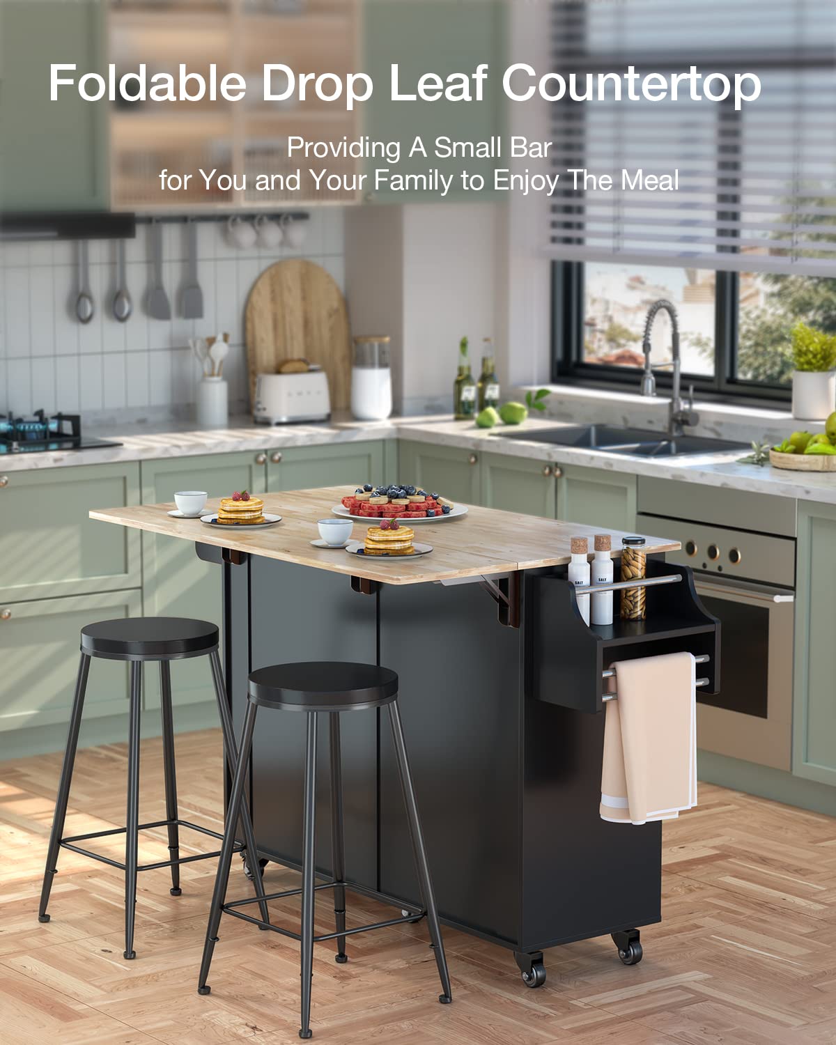 Qsun Kitchen Island with Storage, Kitchen Cart on 5 Universal Wheels, Mobile Kitchen Island with Rubber Wood Top and Side Rack (Black) Qsun