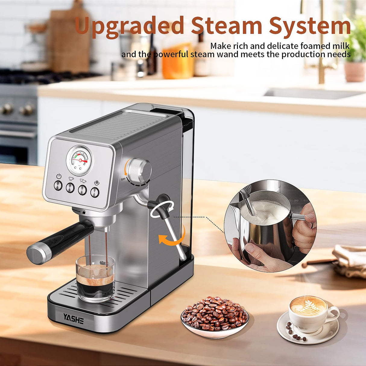 YASHE Espresso Machines 20 Bar, Upgraded 1350W Espresso Maker with Milk Frother Steam Wand and 37.2oz Removable Water Tank, Semi-Automatic Steam Espresso Coffee Maker, Cappuccino Machine for Home YASHE