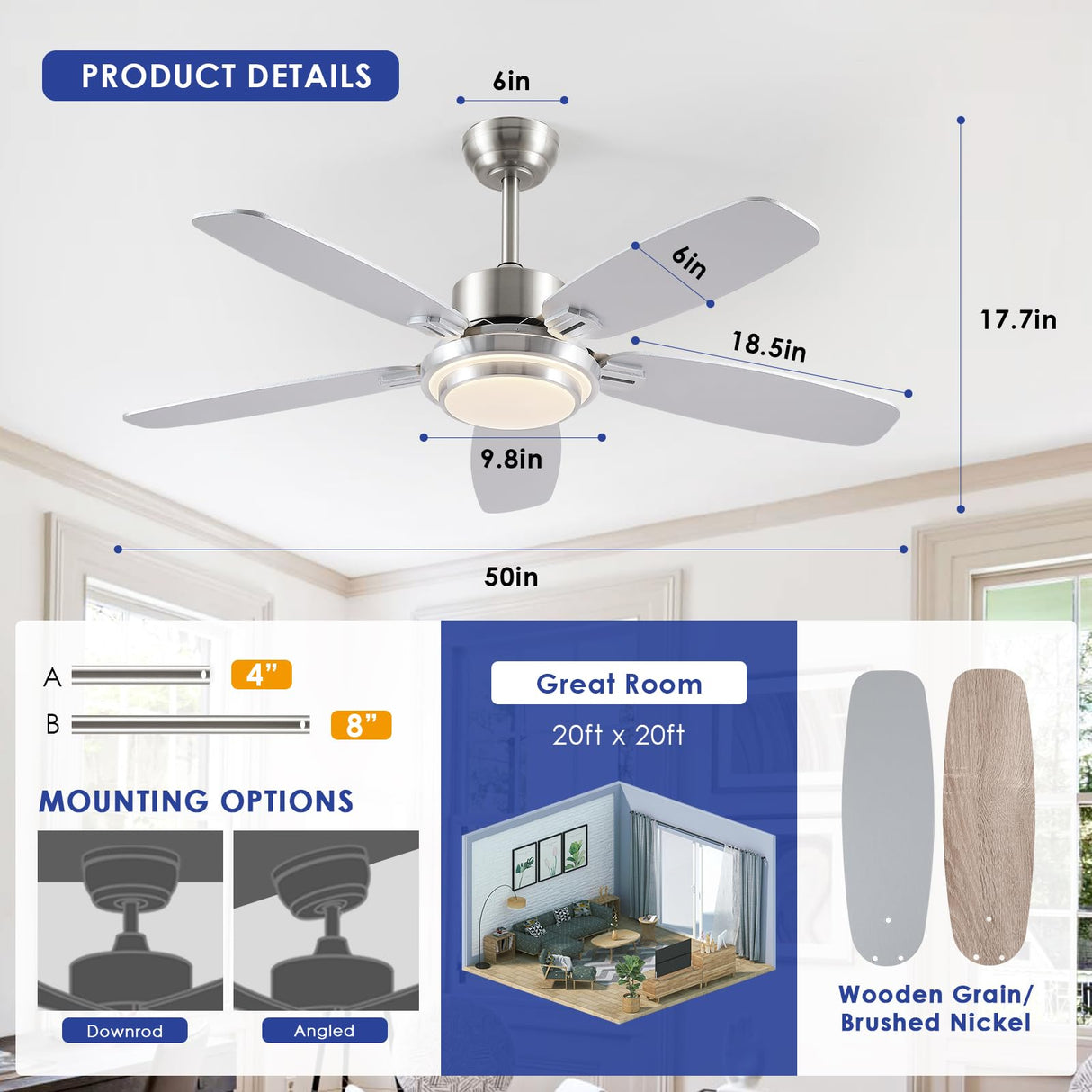 Ceiling Fans with Lights and Remote/APP Control,50“ Modern Ceiling Fan with Quiet Reversible DC Motor, 5 Dual Finish Blades,Dimmable 3-Color LED Fandelier for Indoor Bedroom,Livingroom Nickel Hounberi