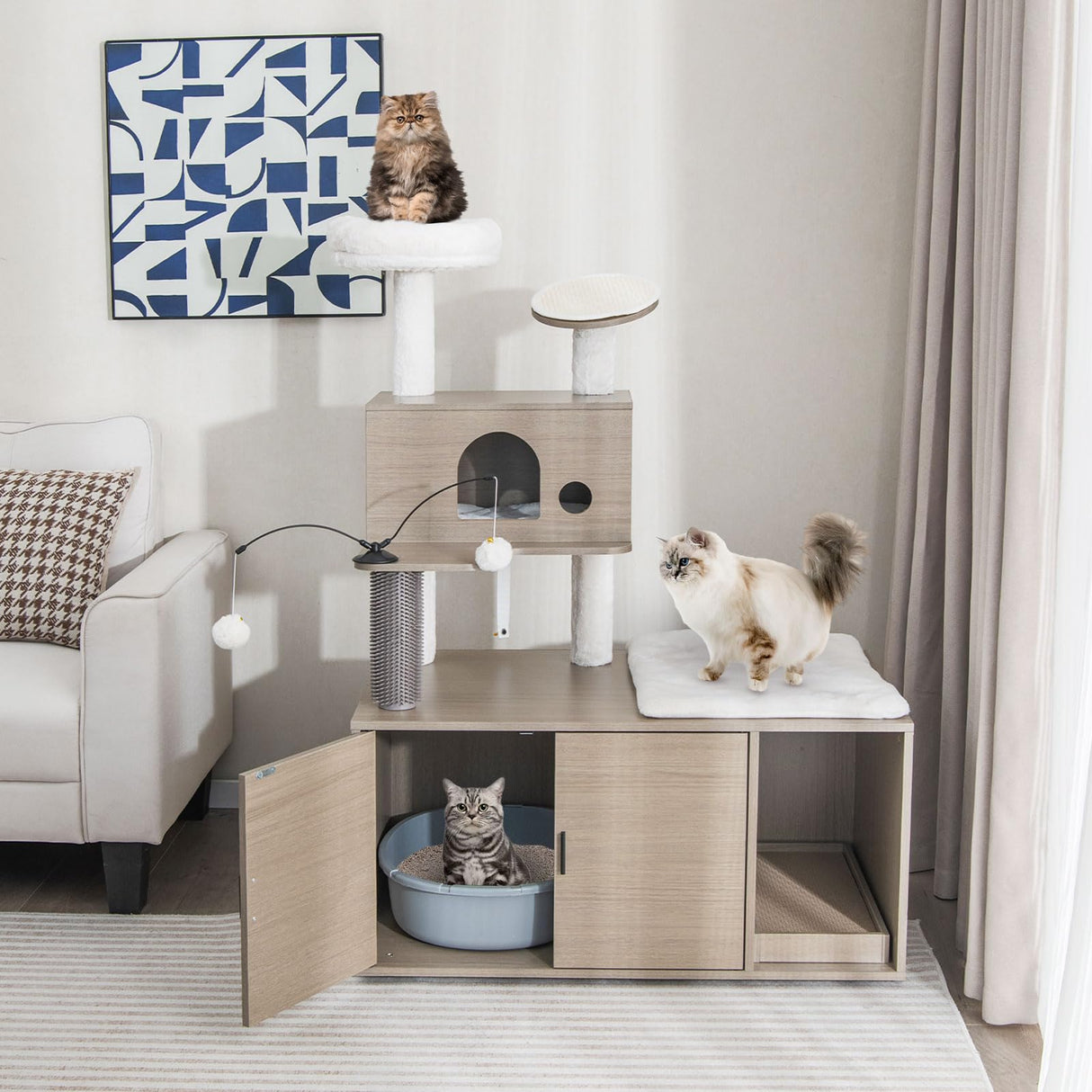 Tangkula Cat Tree with Litter Box Enclosure, Cat Tower with Litter Box, Cat Condo, Scratching Board, Soft Plush Perch, Dangling Balls, Groomer, Modern Hidden Litter Box Furniture for Indoor Cats Tangkula