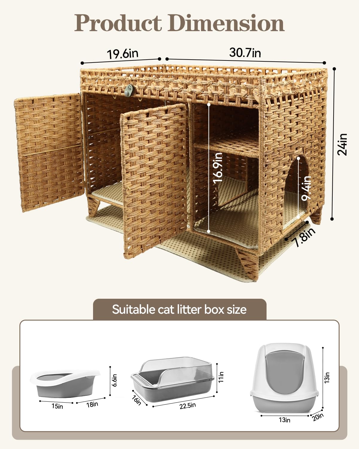 Forotone Cat Litter Box Enclosure, Hidden Cat Washroom Furniture with Litter Mat, Rattan Indoor Large Pet House with Door, for Living Room, Bedroom, Balcony Forotone