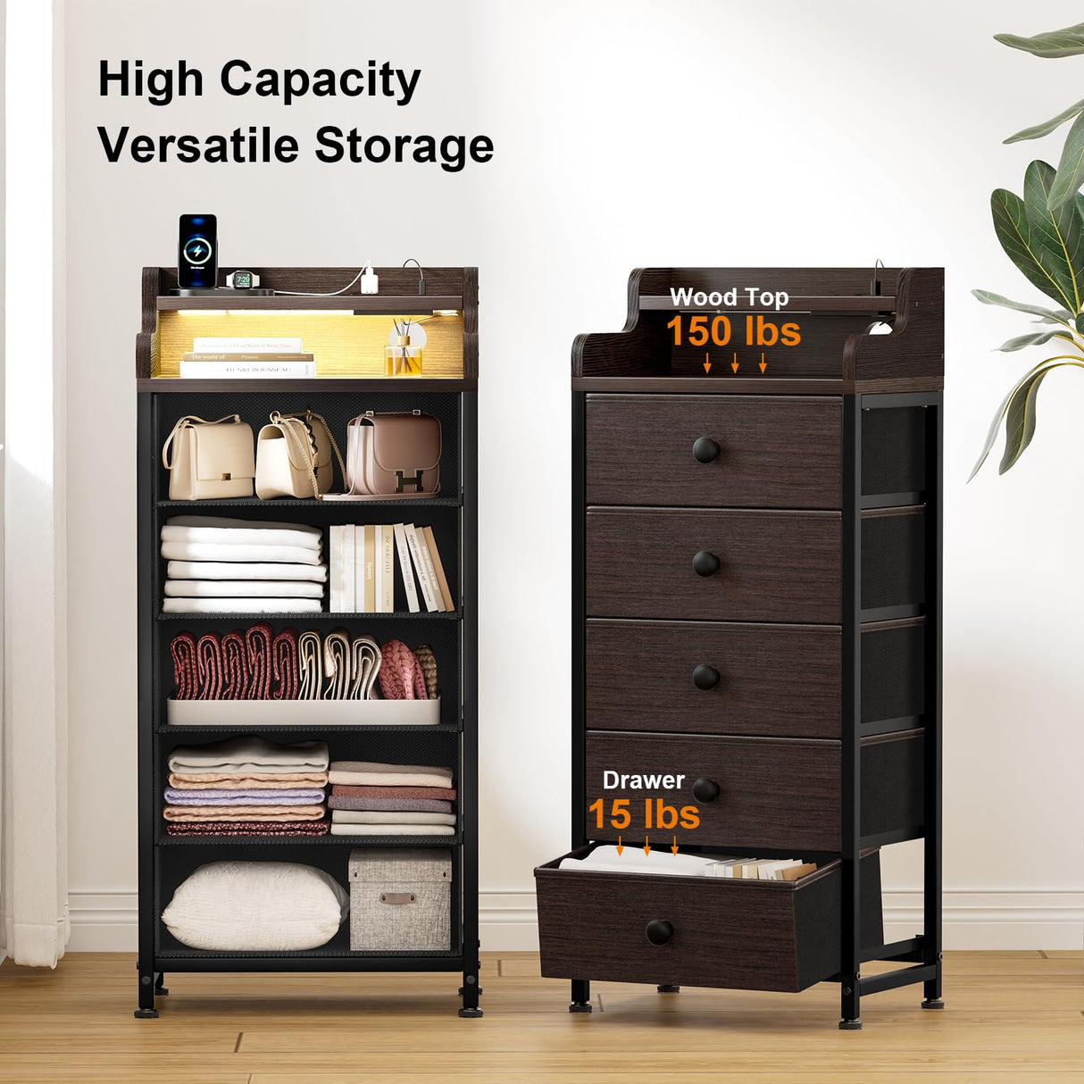 REAHOME 5 Drawer Dresser for Bedroom with Charging Station and LED Lights, Brown Chest of Drawers with Shelves, Tall Night Stand with Sturdy Steel Frame & Wood Top for Bedroom - Brown REAHOME