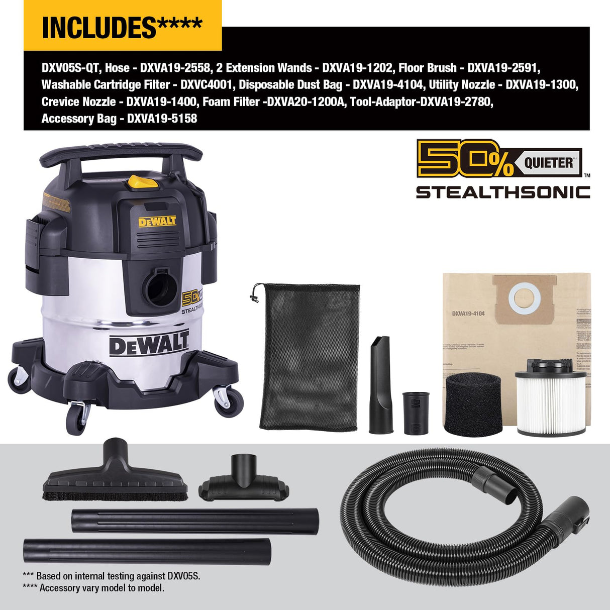 DEWALT 5 Gallon STEALTHSONIC Shop Vacuum Wet and Dry, Powerful Suction & Portable Shop Vac with Attachments, Ultra Quiet Wet Dry Vacuum for Home, Garage, Car, Workshop, Jobsite, DXV05S-QT, 4 Peak HP DEWALT