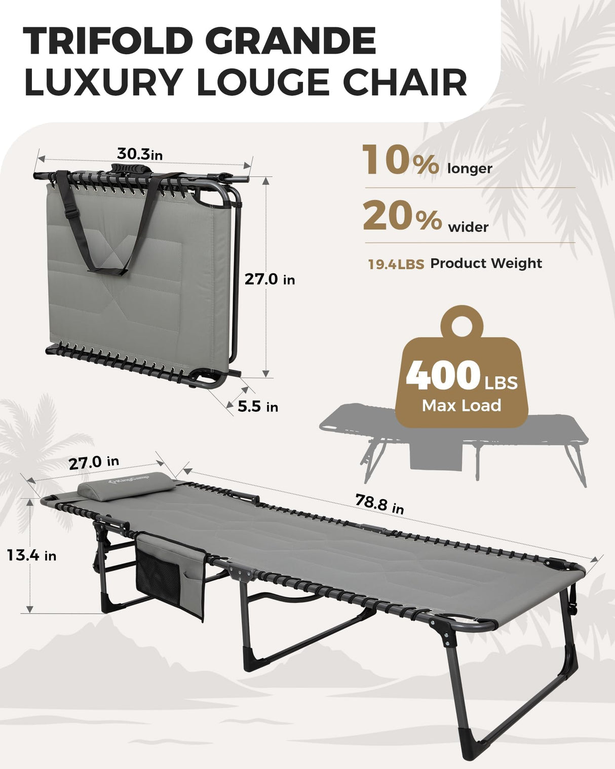 KingCamp Oversized Tanning Chair, Extra-Wide Padded Folding Chase Lounge Chairs Portable Adjustable 5-Position 400lbs Heavy Duty Lounger with Double-Layer Oxford for Outdoor Beach Patio Sun Pool KingCamp