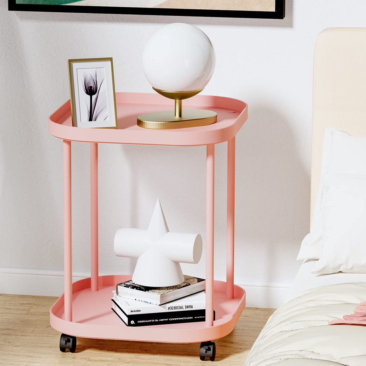 villertech Side Table with Wheels, End Table Living Room Plastic Mobile Sofa Side Table Small Night Stand Bedroom Pink villertech