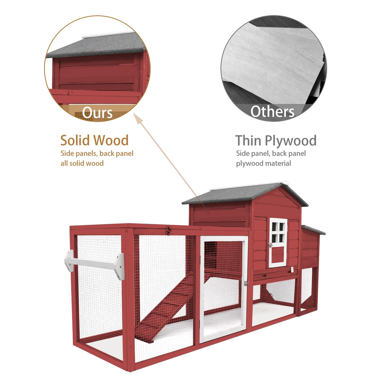 Gowoodhut Chicken Coop Solid Wood with Large Run Cage 2 Stories - Asphalt Roof, Nest Box, Pu Wheels, Expandable Solid Wood Cage Gowoodhut