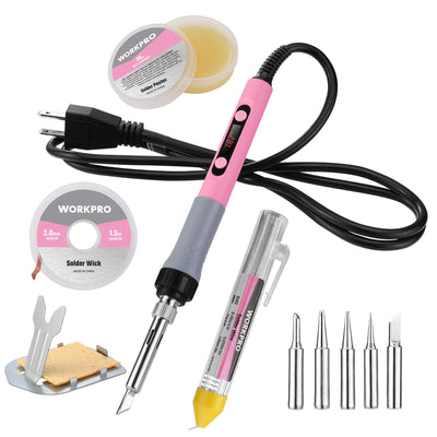 WORKPRO Soldering Iron Kit, 90W Soldering Gun with Digital Display, Iron Tips, 11-in-1 Adjustable Temperature Welding Kit for Electronic Repair, DIY Enthusiasts(110V US Plug,Pink)