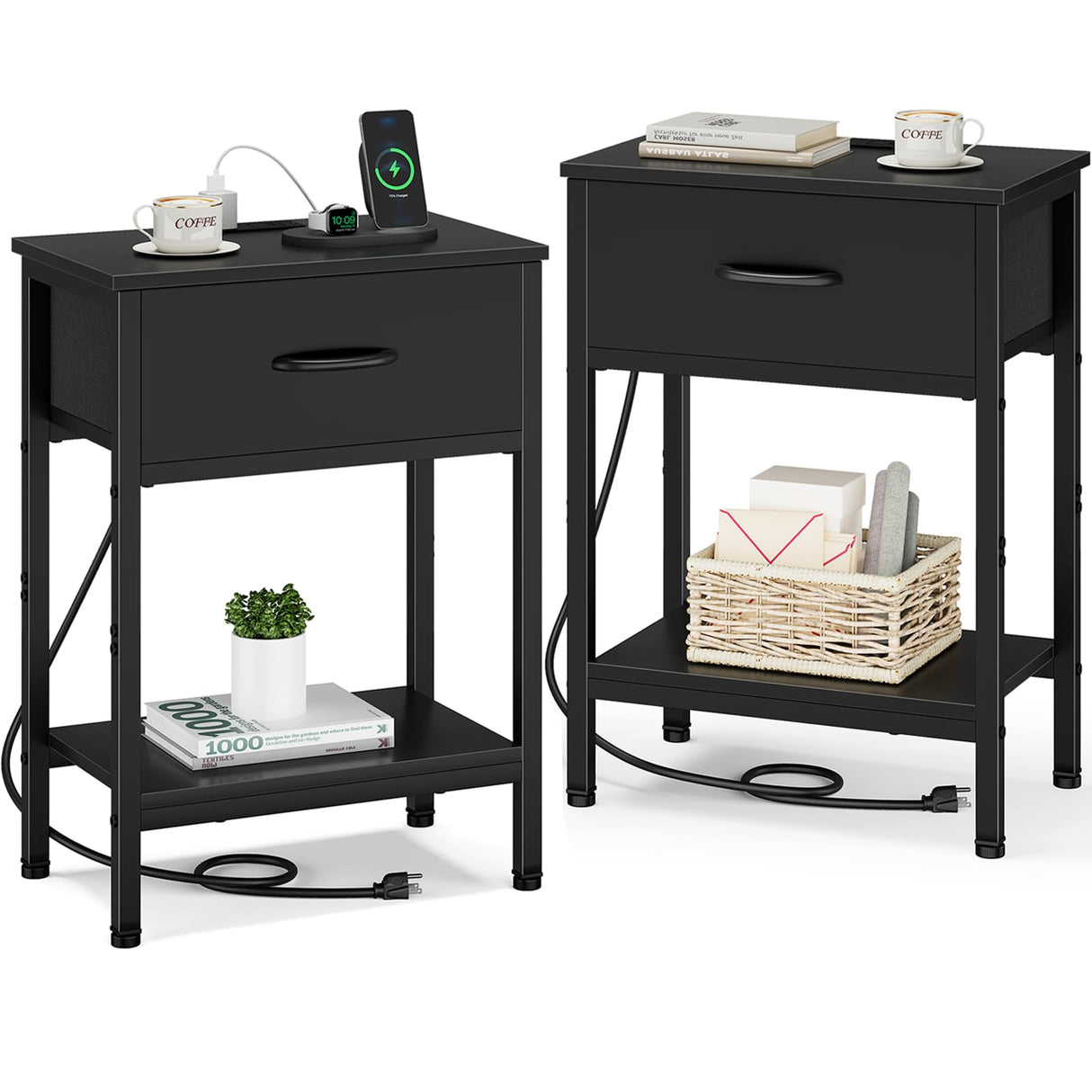 Vagusicc Nightstand Set of 2 with Charging Station, Bed Side Table with Fabric Drawer, Small End Table with 2-Tier Storage Shelves, 25.4" Tall Bedside Table, Black Night Stand for Bedroom, Living Room Vagusicc