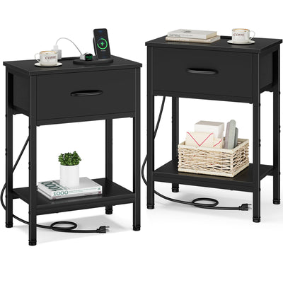 Vagusicc Nightstand Set of 2 with Charging Station, Bed Side Table with Fabric Drawer, Small End Table with 2-Tier Storage Shelves, 25.4" Tall Bedside Table, Black Night Stand for Bedroom, Living Room