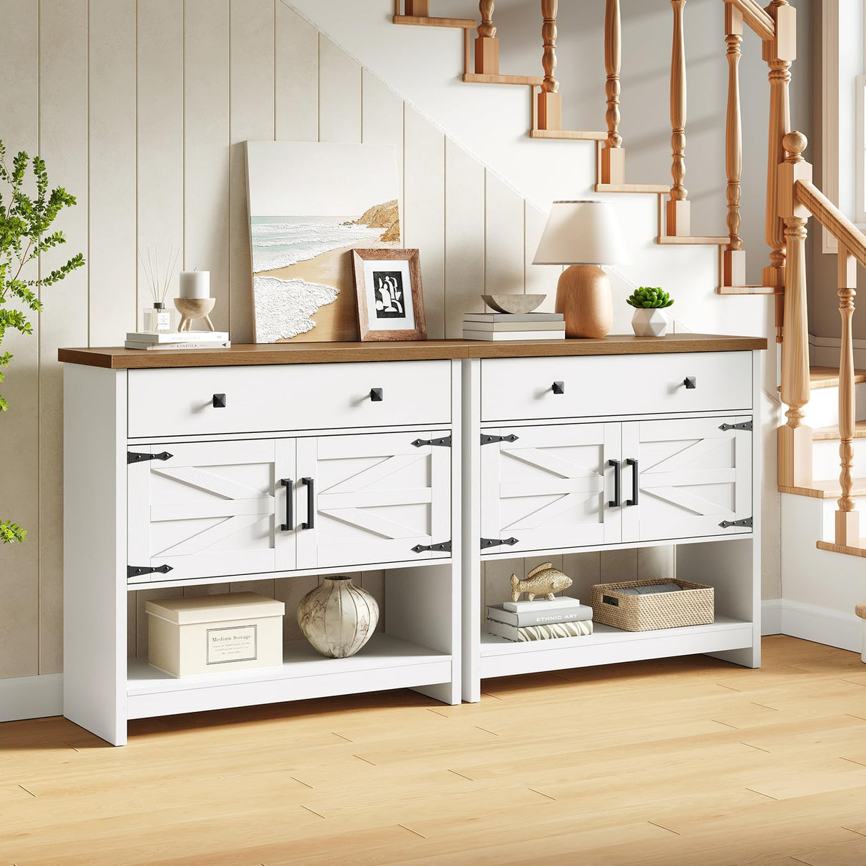 HOOBRO 34.3 Inches Farmhouse Console Table with Large Drawer and 2-Door Cabinet, Entryway Table with Storage, Sofa Table, Coffee Bar, for Entrance, Kitchen, Living Room, Walnut and White WH90XG01 HOOBRO