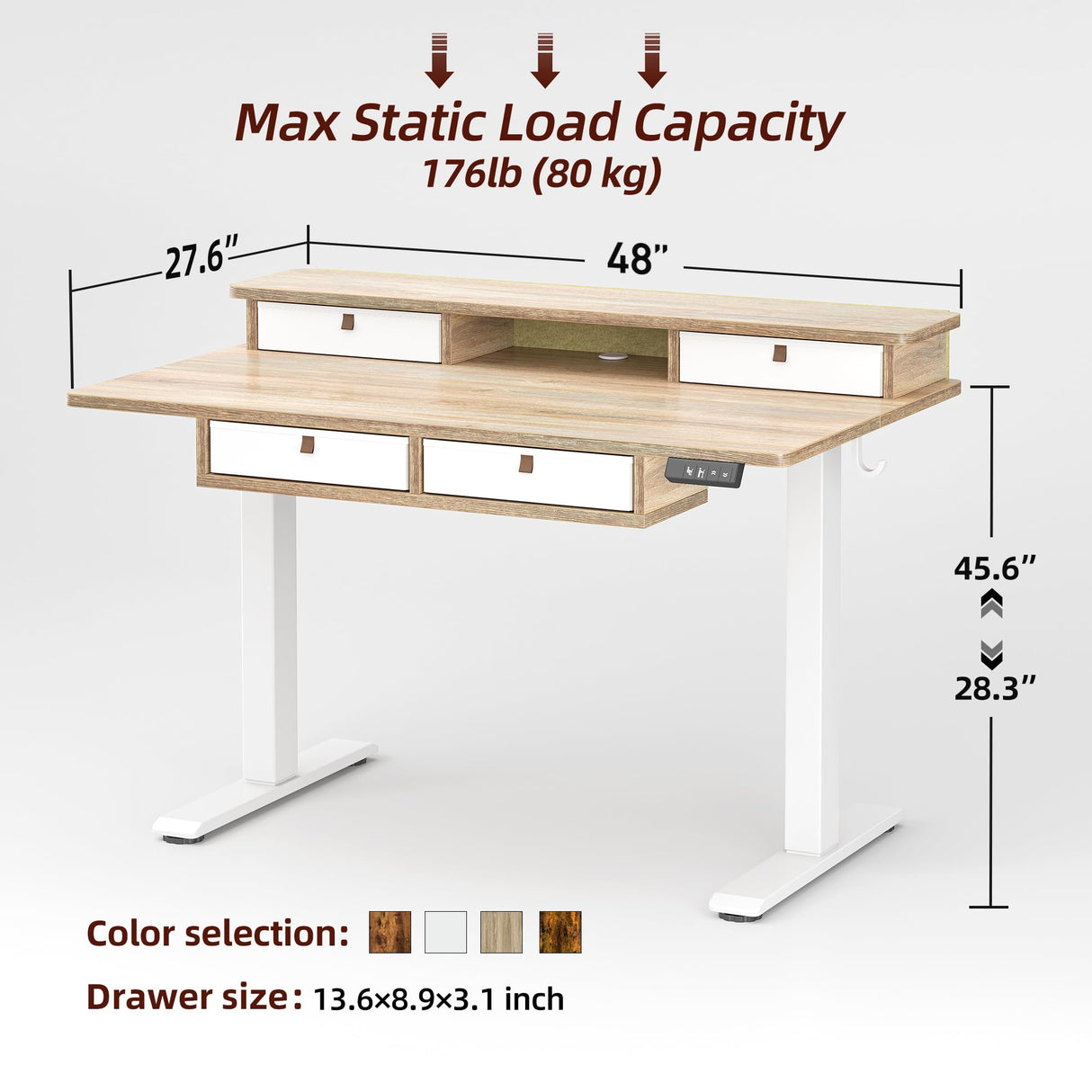 TIQLAB 48 * 28 Inch Standing Desk with Four Drawers, Electric Sit Stand Table, Stand Up Desk Adjustable Height with Storage Shelf, Splice Board, Maple TIQLAB