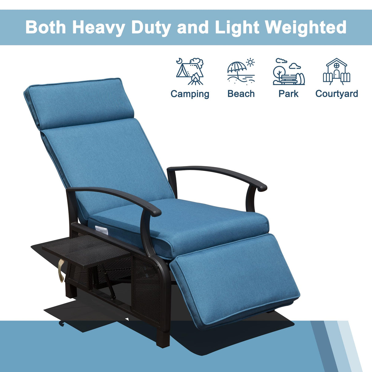 Domi Adjustable Patio Recliner Chair Metal Outdoor Lounge Chair with Flip Table Push Back, Adjustable Angle, Removable Cushions, Support 350lbs, Navy Blue domi outdoor living