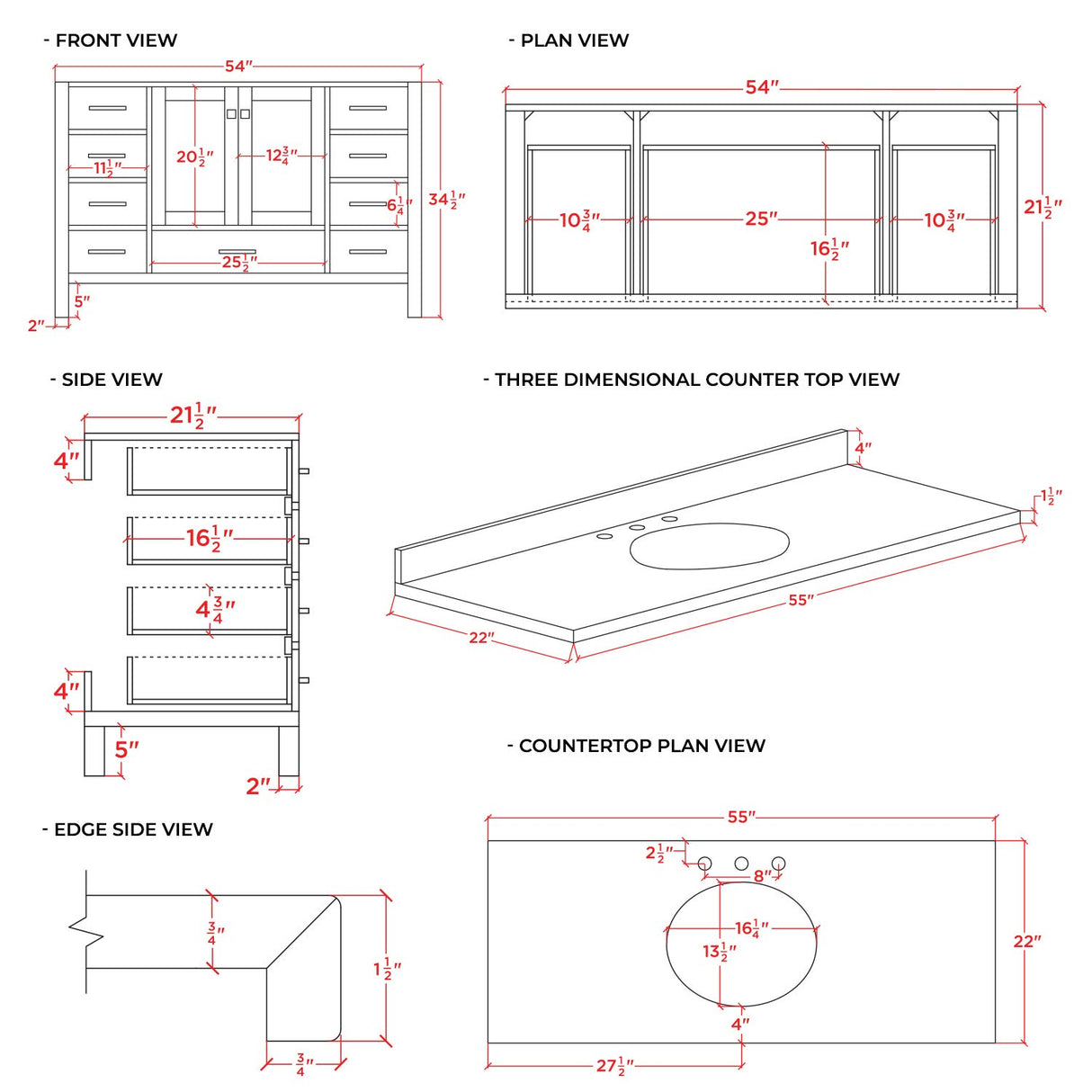 ARIEL Bathroom Vanity 55" Inch with Pure White Quartz Countertop and Oval Sink in Espresso, 2 Soft Closing Doors, 9 Full Extension Dovetail Drawers, with Backsplash, No Mirror ARIEL