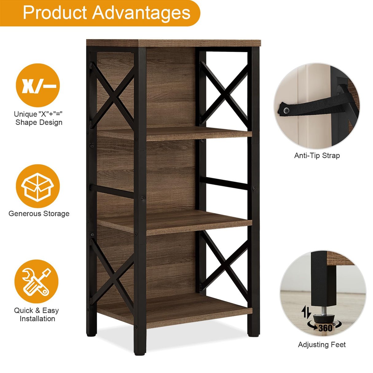 MNEETRUNG Small Bookshelf,4 Tier Industrial Bookcase with Metal Frame and Backboard,Narrow Rustic Brown Book Shelf,Book case for Small Spaces,Living Room,Bedroom and Home Office