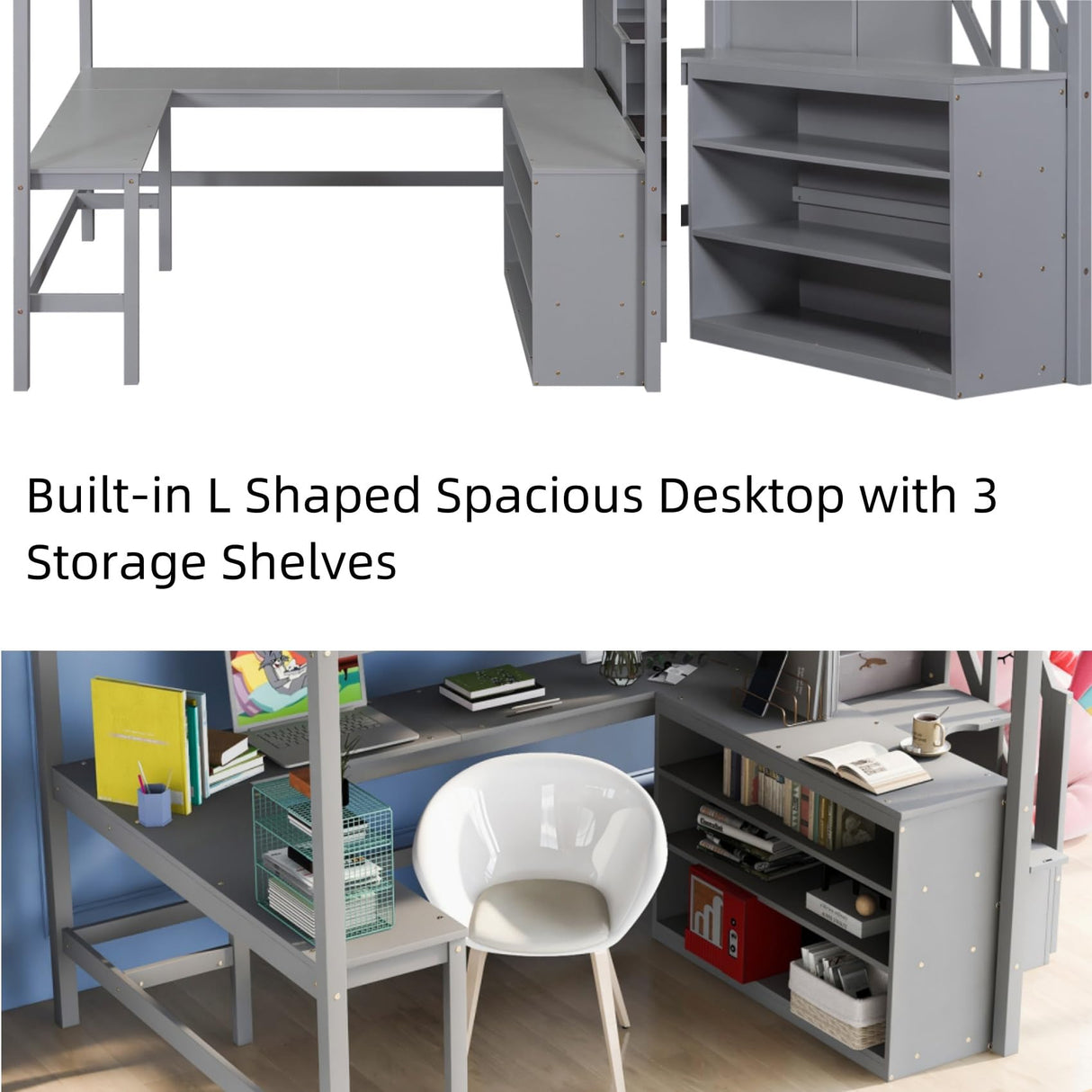 Merax Wood Full Size Loft Bed Frame with Built-in L Shaped Desk & 3 Storage Shelves & Attached Storage Stairs for Kids, Full-Length Guardrail, No Box Spring Needed, Grey Merax