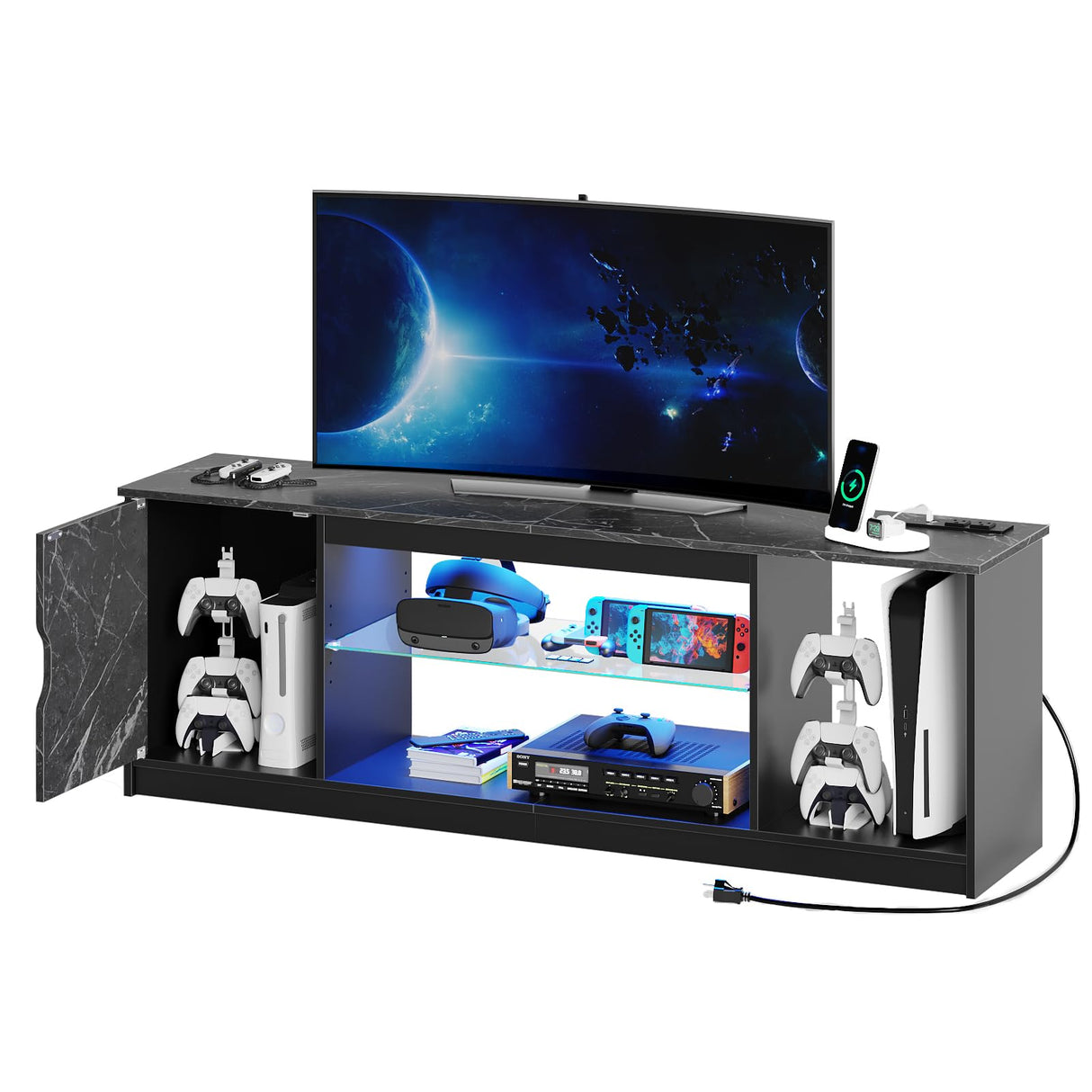 Bestier LED TV Stand with Power Outlets for 55/60/65 Inch TV, Gaming Entertainment Center with Cabinet for PS5, Modern TV Cabinet with Adjustable Glass Shelves for Living Room 58 Inch,Black Marble Bestier