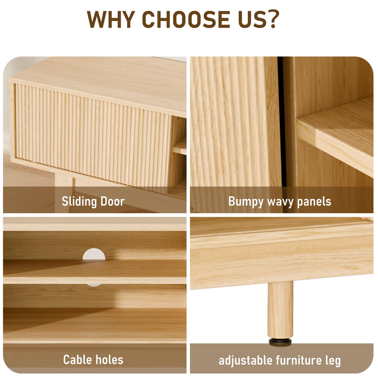 EDWINENE TV Stands for 55 60 65 inch TV, Oak Fluted TV Stand for Living Room Bedroom, Mid Century Modern TV Console Tables, Entertainment Center with Storage Cabinet, Sliding Doors and Open Shelves EDWINENE