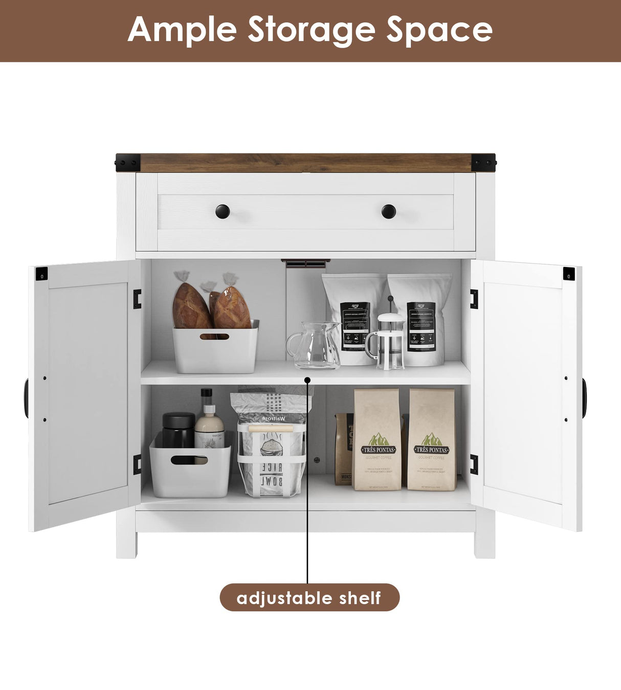 HOSTACK Coffee Bar Cabinet, Modern Farmhouse Buffet Sideboard with Drawer and Adjustable Shelf, Barn Door Storage Cabinet for Kitchen, Dining Room, Bathroom, Entryway, White HOSTACK