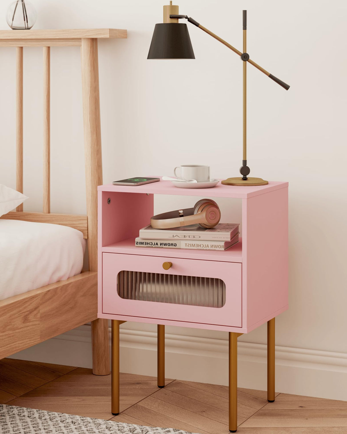 Leomonio Nightstand,Modern Beside Table with Storage Drawer and Open Wood Shelf,Small End Side Table with Glass Decorative Door and Gold Frame,for Living Room,Bedroom (Pink) Leomonio