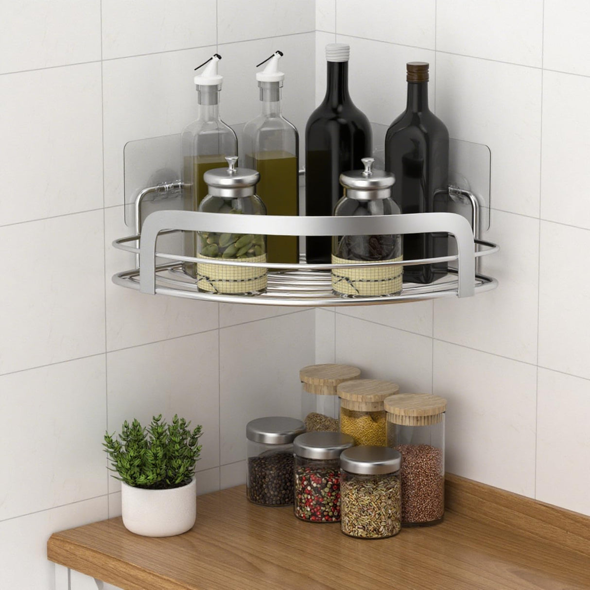 STEUGO 2 Pack Shower Caddy Corner, Bathroom Corner Shower Shelfs, Adhesive Wall Mounted Shower Caddy with 4 Movable Hooks, No Drilling Shower Shelf, Stainless Steel Silver. STEUGO