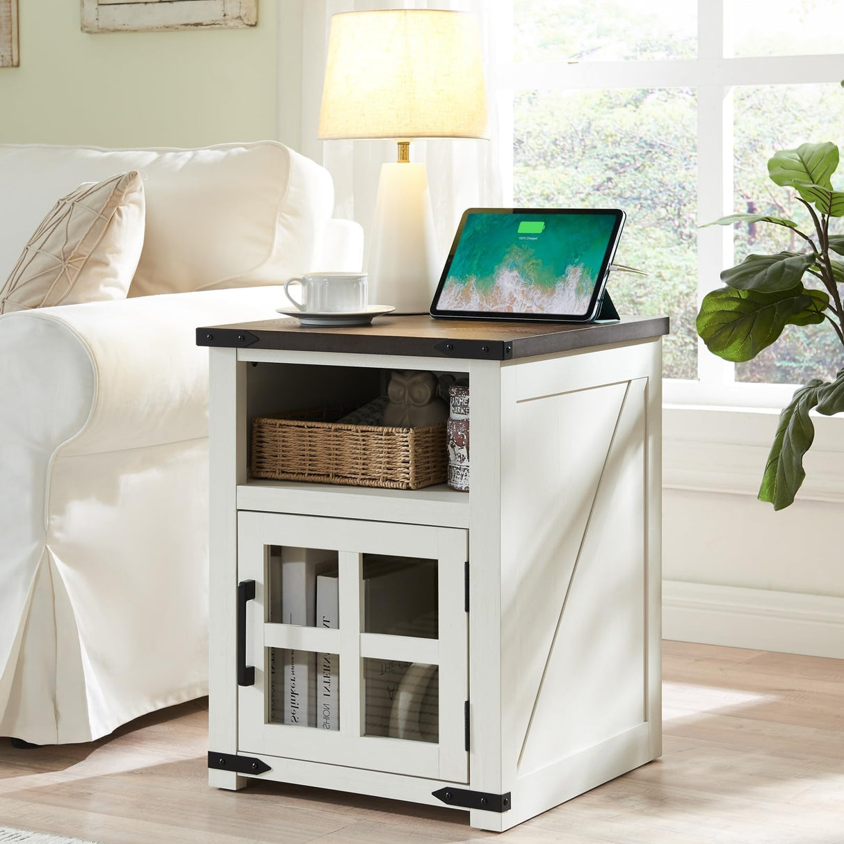 Barnyatoh Farmhouse Nightstand with Charging Station, Rustic End Table with Tempered Glass Barn Door, Wood Sofa Side Bedside Table with Open Storage Shelf for Living Room, Bedroom, White Barnyatoh