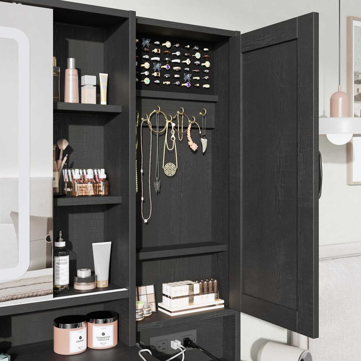 Fameill Vanity Desk with Mirror and Lights, Makeup Vanity Desk with Power Outlet, 2 Drawers & Storage, Vanity Table with Chair & Jewelry Cabinet, for Bedroom (Black) Fameill