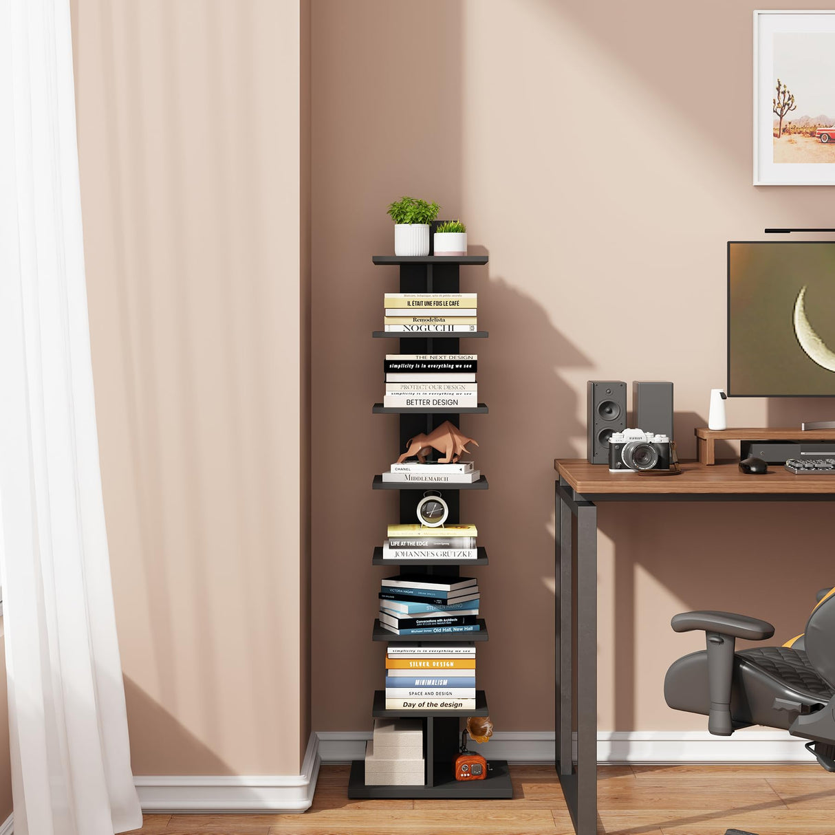 TUTOTAK Narrow Bookshelf, 8-Tier Bookcase, Spine Book Shelf for Small Space, Corner Standing Shelf for Living Room, Office, Study, Entryway, Black BS06BK008 TUTOTAK