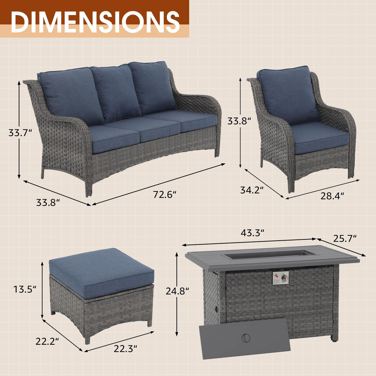 SUNSITT Outdoor Furniture Set with Fire Pit Table Wicker Patio Conversation Set 6-Piece Patio Sectional Furniture Set with Gas Firepit Grey Wicker & Denim Blue Cushion for Garden, Porch, Backyard SUNSITT