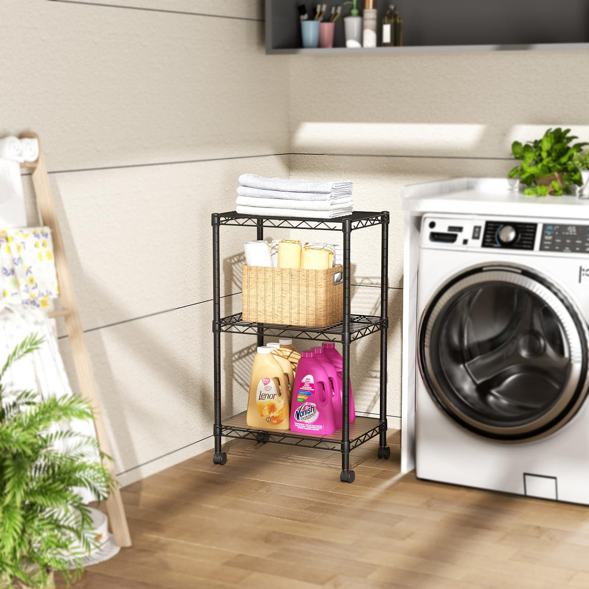 SINGAYE 3 Small Shelves Storage Shelf Wire Shelving Unit Metal Shelf Adjustable Organizers Storage Shelving with Wheels for Bathroom Laundry Room Kitchen Pantry12”D x 18”W x 30.5”H Black SINGAYE